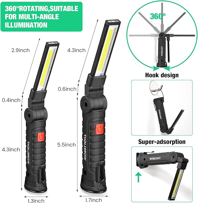 Honoson 4 Pieces LED Work Light Cob Rechargeable Work Flashlight with Magnetic Base, Hanging Hook