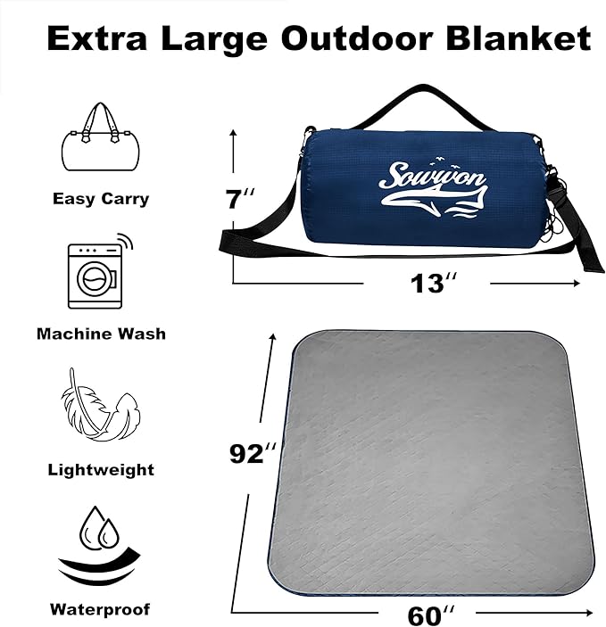 Waterproof Outdoor Blanket 92”X 60” Packable, Stadium Blankets for Camping with Quilted Fleece