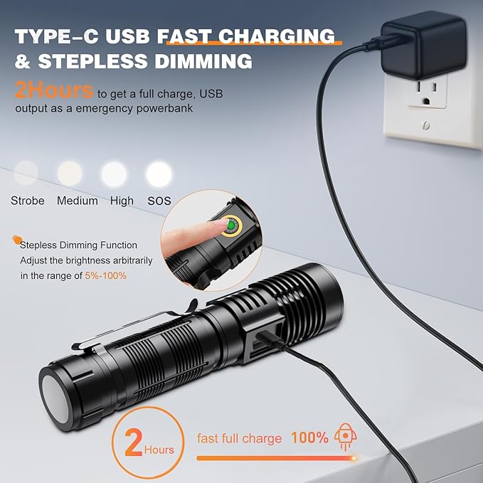 Rechargeable Tactical Flashlights High Lumens - 1500 Meters Long Beam Super Bright LED Magnetic