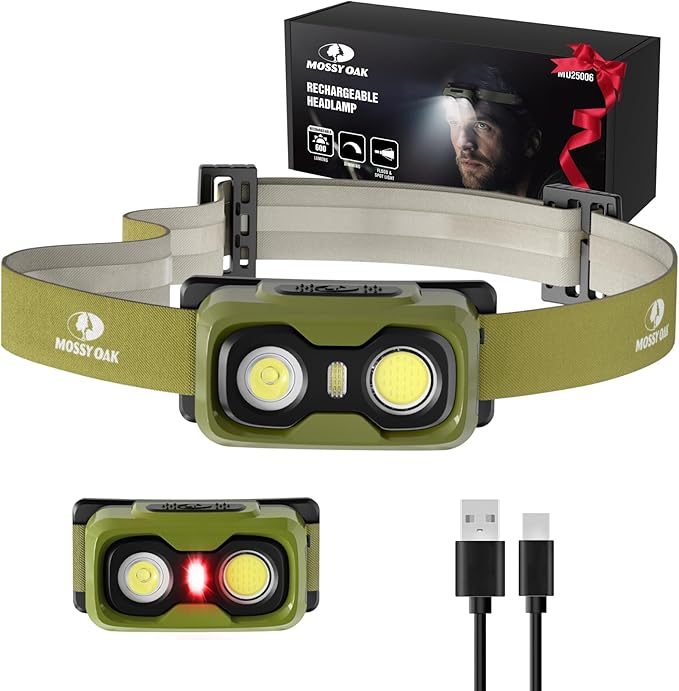 Mossy Oak 600 Lumens Rechargeable Headlamp, Lightweight LED Headlight with White & Red Light