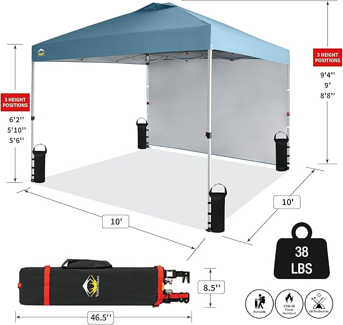 CROWN SHADES 10x10 Pop Up Canopy with 1 Side Wall - Beach Tent with One Push Setup - Outdoor Sun