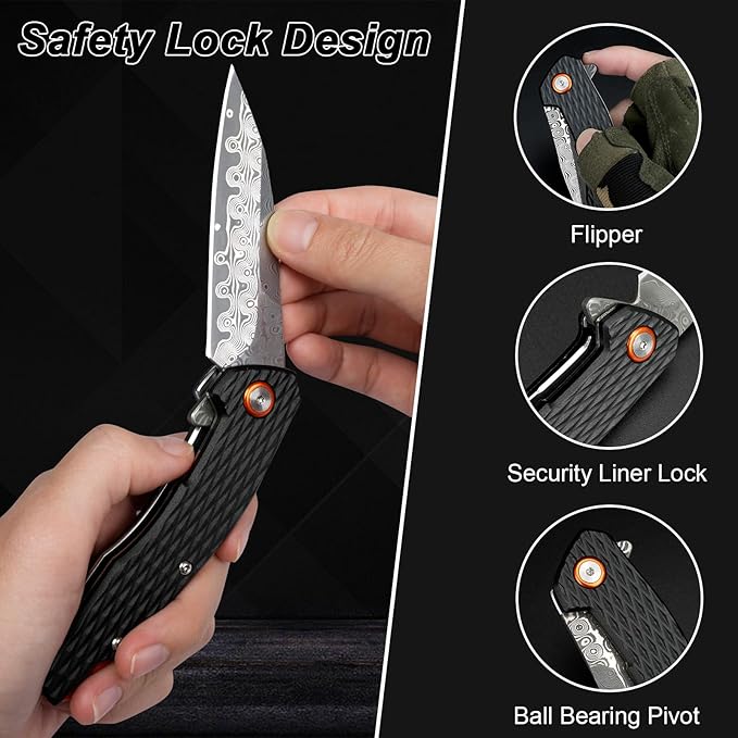 Damascus Folding Knife, 3.03" Damascus Steel Blade Pocket Knives with Clip, Black Aluminum Handles