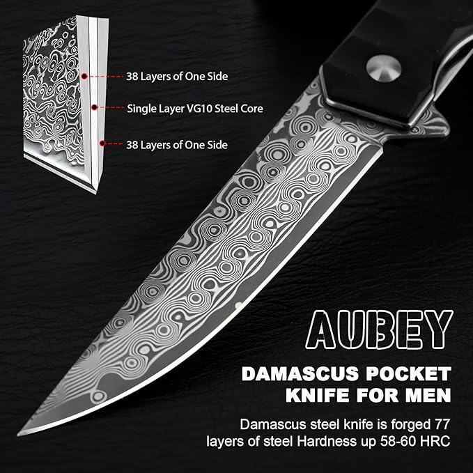 AUBEY Damascus Pocket Knife with Clip, Tanto Blade Damascus Steel Folding Knives for Men Tactical
