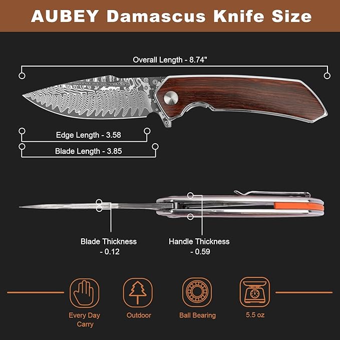 AUBEY Damascus Pocket Knife with Clip, Damascus Steel Blade Folding Knives with Ball Bearing, EDC