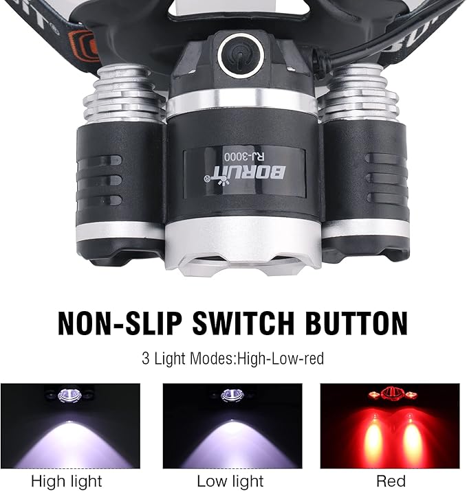 BORUIT RJ-3000 Rechargeabe LED Headlamp Super Bright with Red Light, 3 Modes Super Bright USB Head