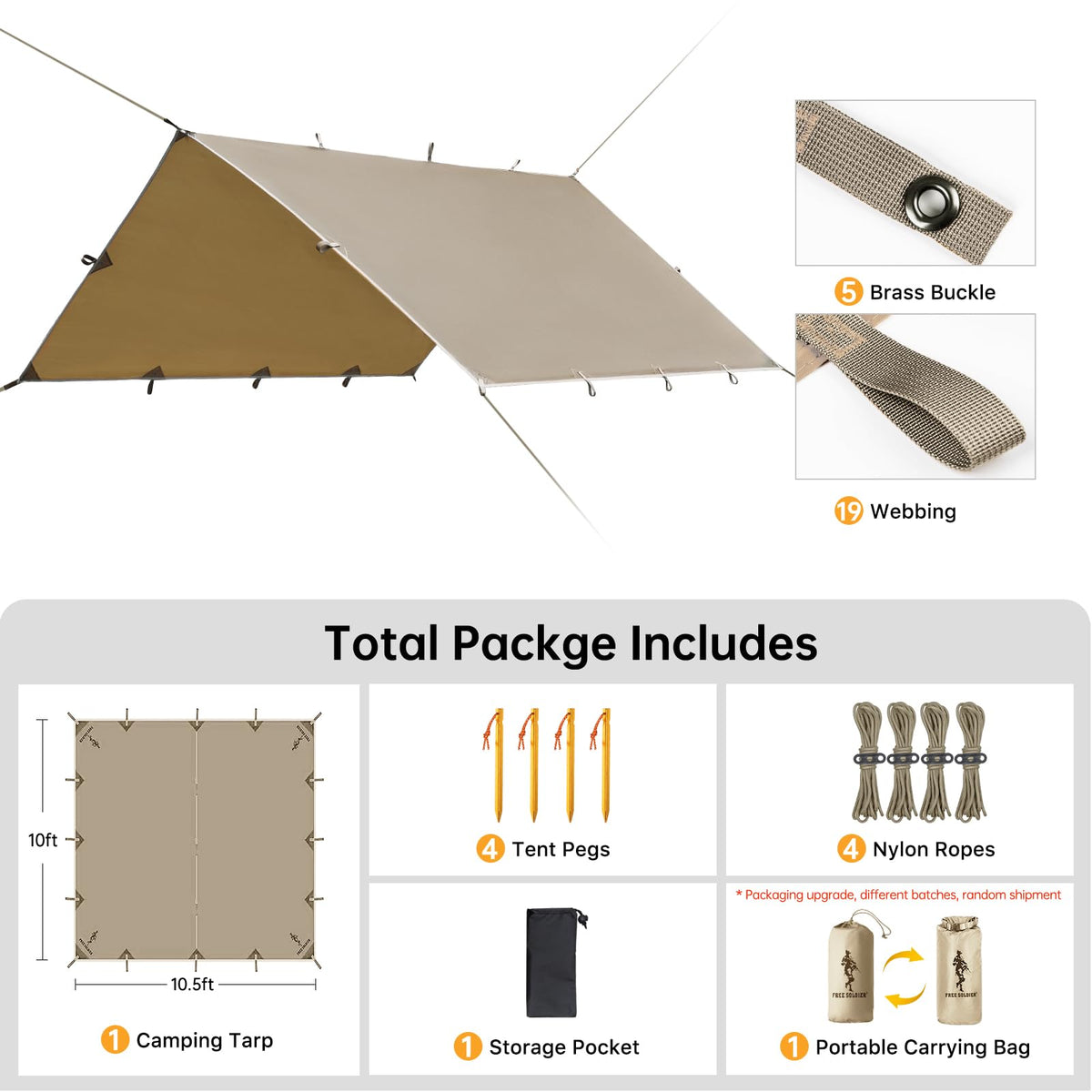 FREE SOLDIER Camping Tarp - 10 x 10.5ft, Waterproof, Beige - product view 2