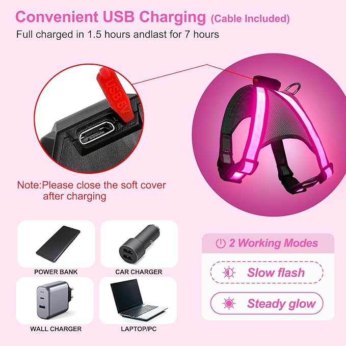 Visinite LED Dog Harness, USB Rechargeable Light Up Dog Vest, 2 Illuminate Modes Glow in The Dark
