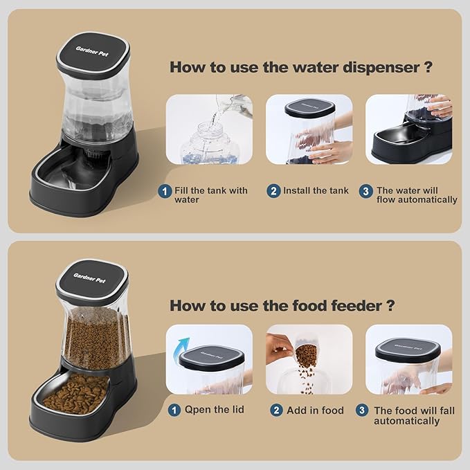 Automatic Pets Gravity Feeder and Water Dispenser Set with Stainless Steel Bowl, 1Gallon x 2 Stable