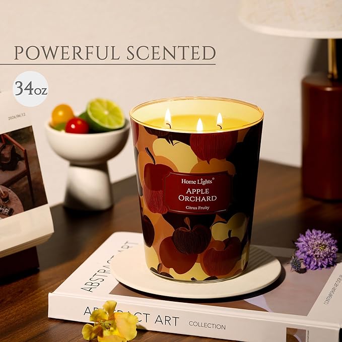HomeLights Large jar Candle | 3-Wick Long-Lasting Scented Candles, 34oz Natural Soy Wax Candle for