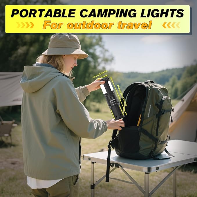 Portable Camping Lights with Stand, 5000LM Rechargeable LED Flashlight, 9 Color Modes, Collapsible