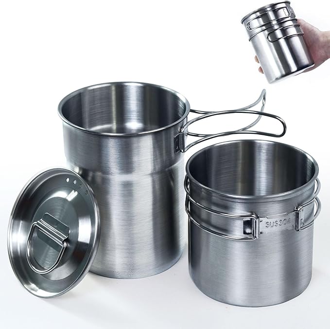 Foldable Camping Cups Mugs Camping Pot Cookware 304-Food-Grade Outdoor Camp Cooking Set with Vented