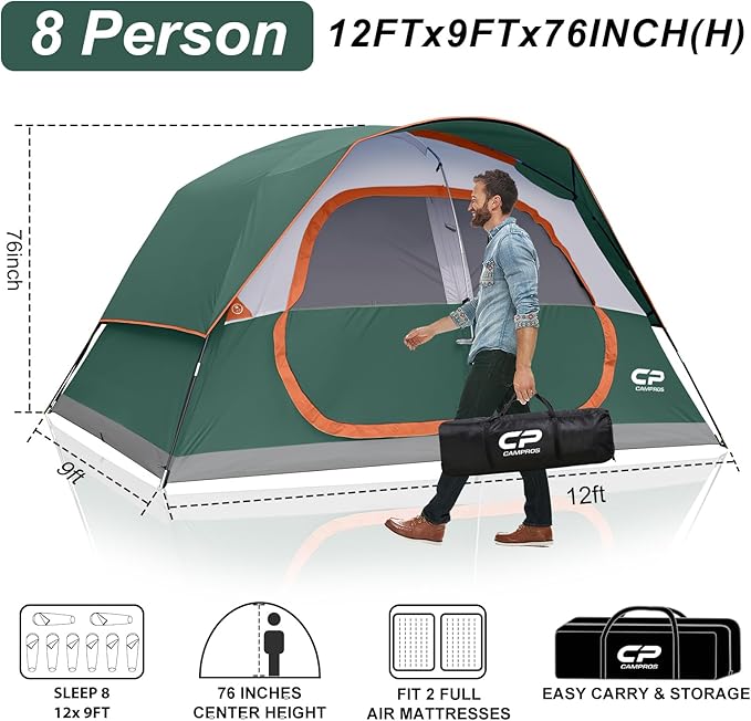 CAMPROS CP Tent 8 Person Camping Tents, Waterproof Windproof Family Tent with Top Rainfly, Large