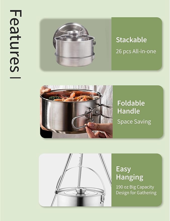 CampPro Camp Cooking Set for 4-8, Stainless Steel Camping Cookware Set, Camping Equipment with