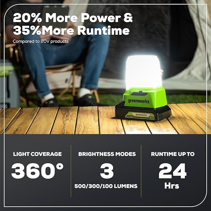 Greenworks 24V Lantern Cordless 500lm Camping Light Kit with USB-A and USB-C Port, 2Ah Battery and