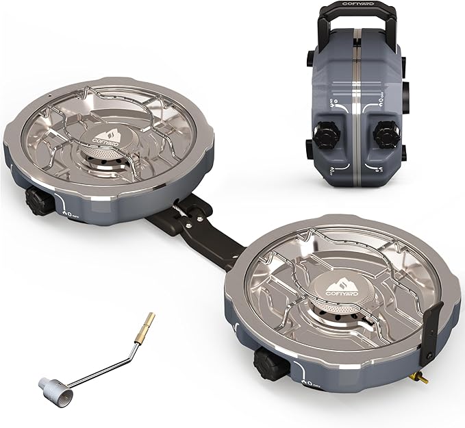 20,000 BTUs 2 Burner Propane Camping Stove, Portable Folding Camp Stove with Adjustable Burners