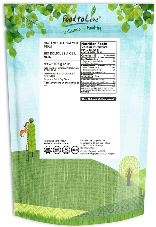 Food to Live Organic Black-Eyed Peas, 2 Pounds – Raw Dried Cow Peas, Non-GMO, Bulk Beans, Product