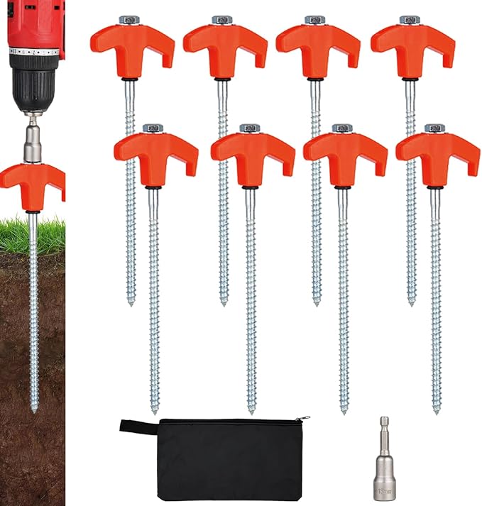 8 Pack Screw in Tent Stakes Heavy Duty,8 Inch Ground Anchors Screw in,Metal Stakes with Hex Head