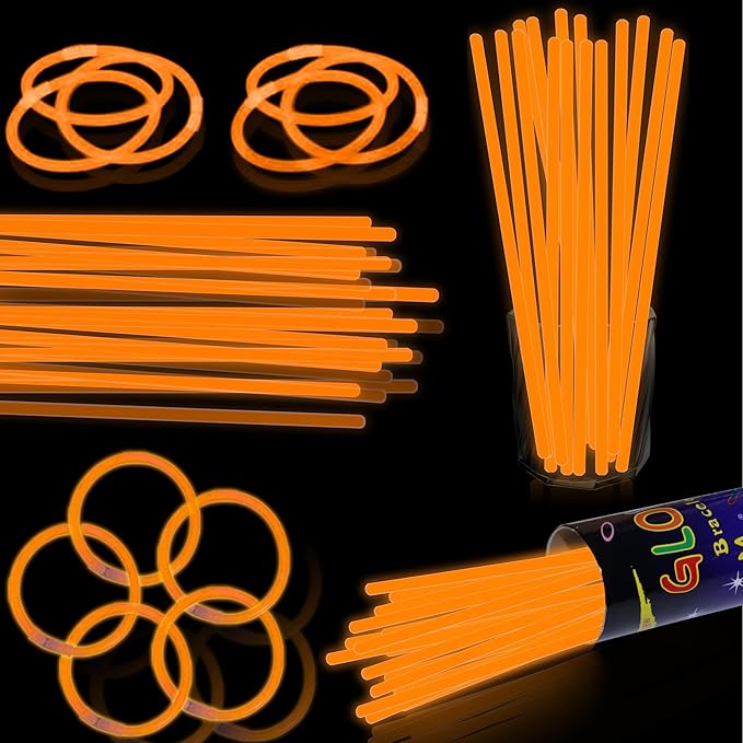100 pk 8" Orange Glow Sticks Bulk Party Favors, Light up Glow Necklaces & Bracelets in the Dark