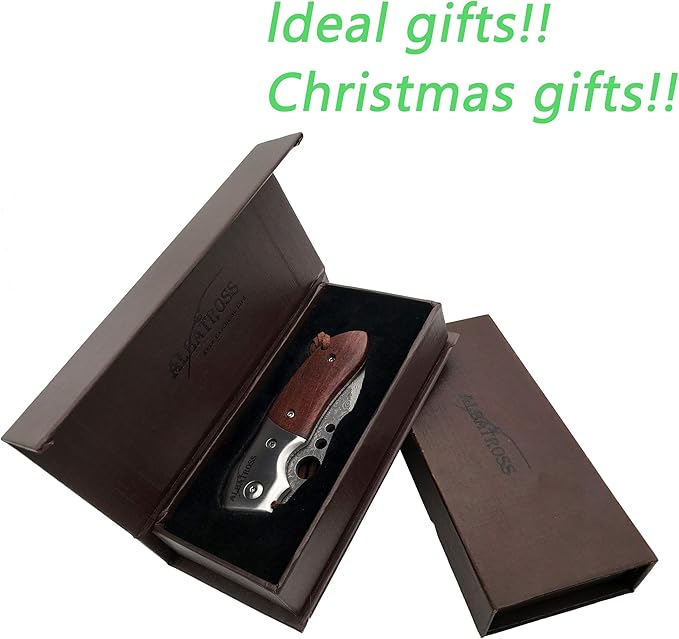ALBATROSS Premium Damascus Steel Folding Pocket Knife with Liner Lock - EDC Knife with Sandalwood