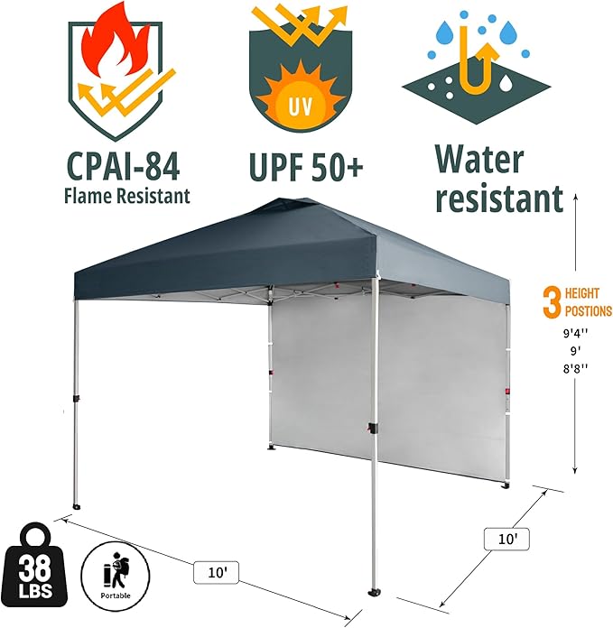CROWN SHADES 10x10 Pop Up Canopy with 1 Side Wall - Beach Tent with One Push Setup - Outdoor Sun