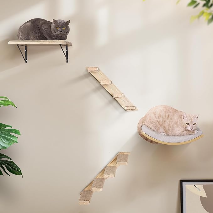 4-Piece Cats Wall Furniture with Cat Window Perch – Wood Wall Mounted Cat Shelves Set with