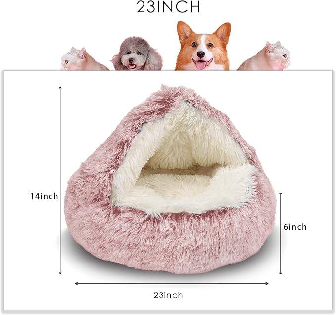 ShinHye Cat Bed Round Plush Fluffy Hooded Cat Bed Cave, Cozy for Indoor Cats or Small Dog beds