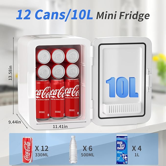 Mini Fridge, 10 Liter/12 Cans Skincare Fridge for Bedroom, 110V AC/ 12V DC Thermoelectric Cooler