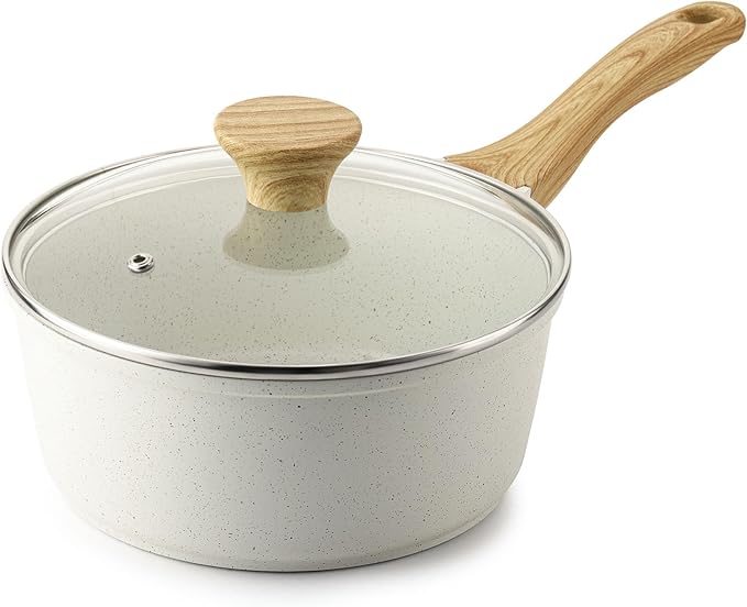 SENSARTE White Ceramic Nonstick Saucepan with Lid 1.5 Quarts, Small Cooking Pot with Stay Cool