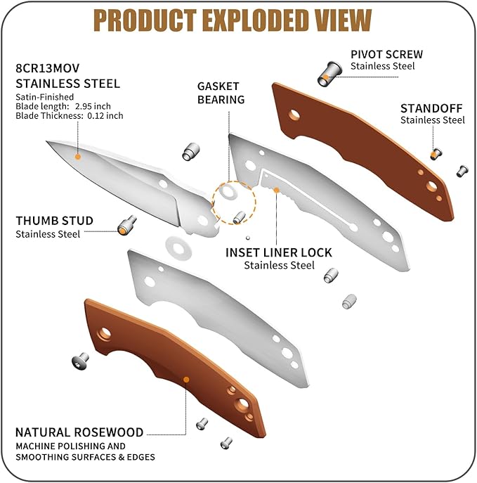 Vickay Pocket Knife, Folding Knife, 2.75" 8Cr13MoV Steel Blade, Wood Handle EDC Knife for Men &