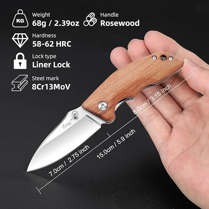 Vickay Pocket Knife, Folding Knife, 2.75" 8Cr13MoV Steel Blade, Wood Handle EDC Knife for Men &