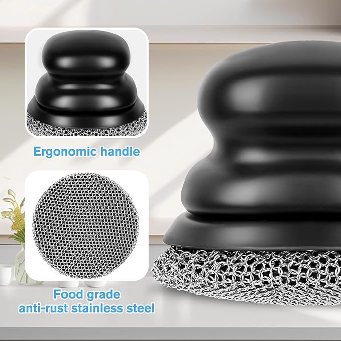 Onewly Cast Iron Scrubber and Scraper, Chain Mail Scrubber Cast Iron for Cleaning Dishes, Stock