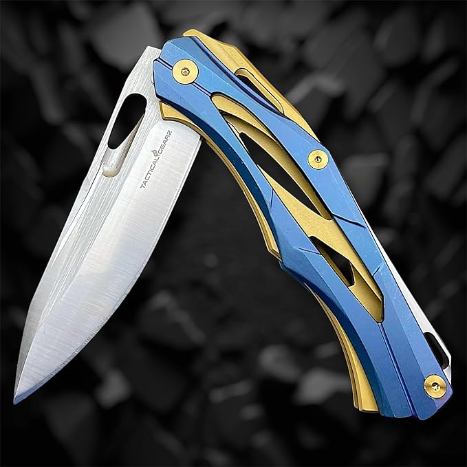 TACTICAL GEARZ Stainless Steel Pocket Knife, Stainless Steel Handle, D2 Steel Drop Point Blade