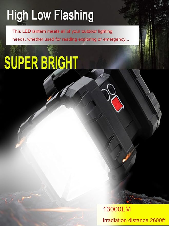 Rechargeable LED Searchlight Flashlight, LED Spotlight Big Power Capacity 13000LM 20h Ultra-Long