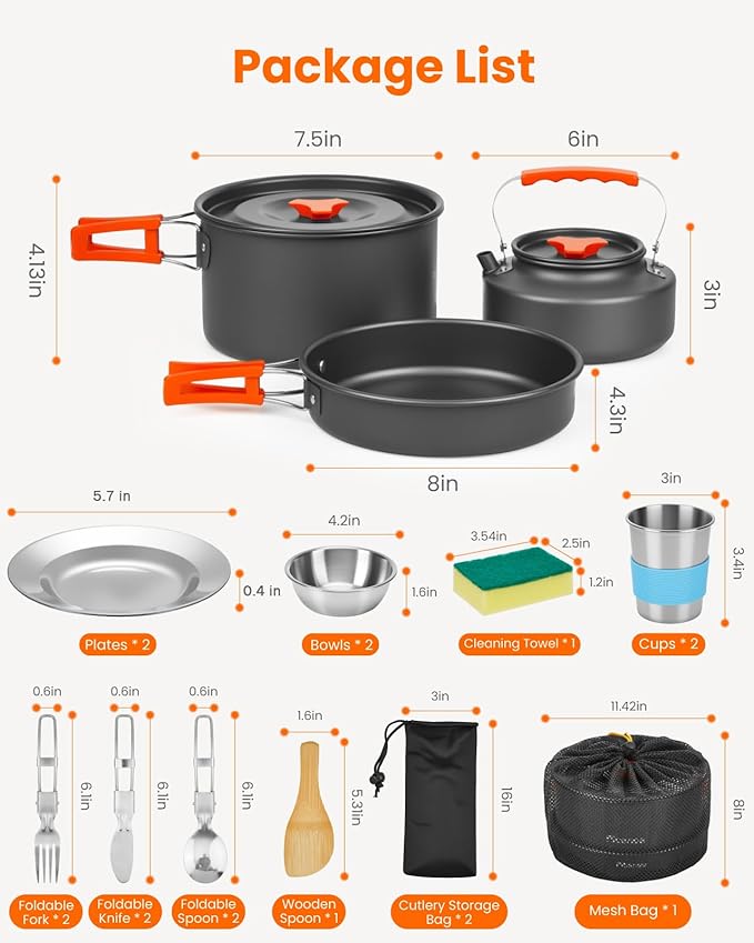 22Pcs Camping Cookware Mess Kit for 2, Lightweight Camping Kitchen Pots and Pans Set, Portable