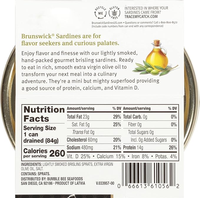Brunswick Wild Caught Gourmet Brisling Sardines in Extra Virgin Olive Oil, 4.23 oz Can - Wild