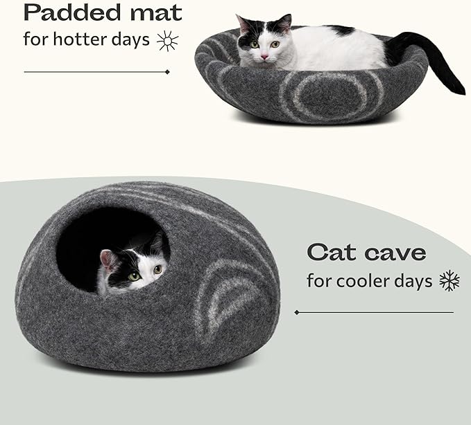 MEOWFIA Cat Cave ??Premium Felt Cat Bed for Indoor Cats, Handmade 100% Merino Wool (Medium, Dark