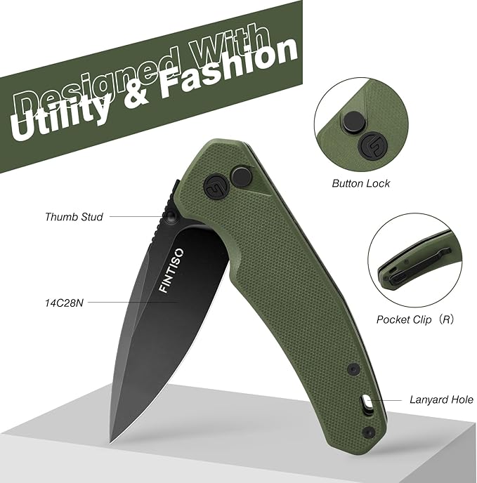 FINTISO Pocket Knife, 3" 14C28N Steel Blade G10 Handle Small EDC knife with Button Lock, Sharp