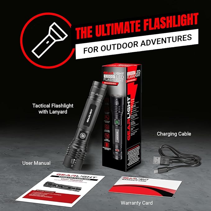 GearLight S2000 LED Rechargeable Flashlight High Lumens - Super Bright, Powerful, Mid-Size Tactical