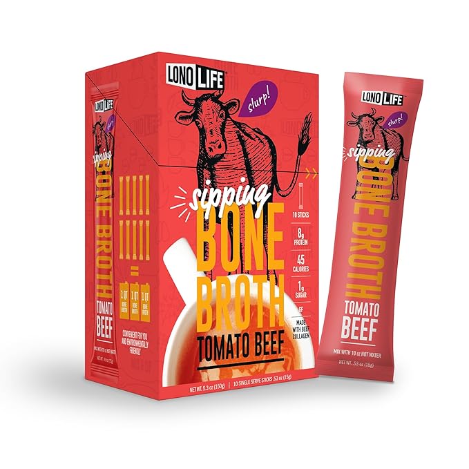 LonoLife Tomato Beef Bone Broth Powder Mix | Grass-Fed, 10g Protein | Collagen-Rich, Keto & Paleo