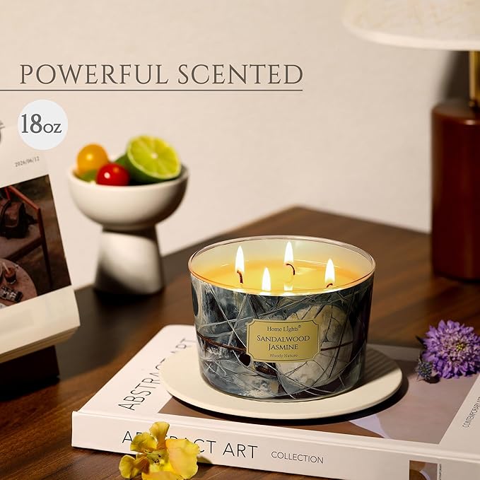 HomeLights Soy Wax Candles for Home Scented, 4-Wick Candles in Sandalwood Jasmine Scented