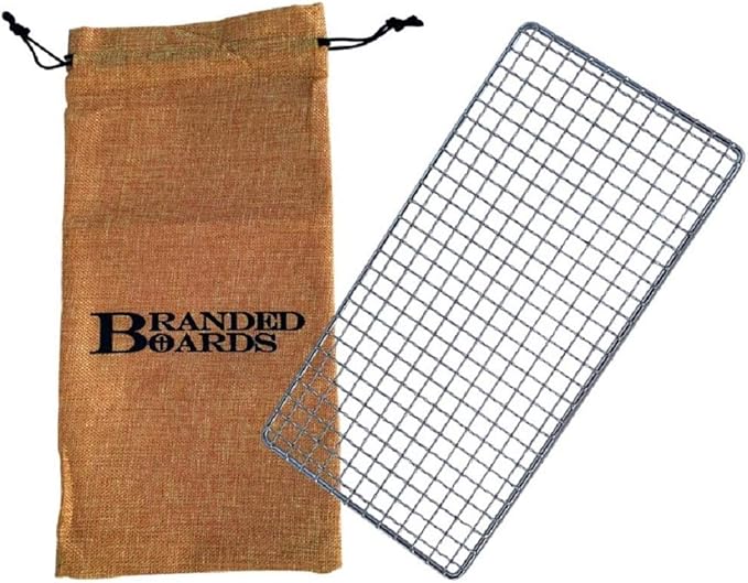 Portable Bushcraft Stainless BBQ Cooking Grill Grate, Bamboo Cutting Board, Burlap Bag, Mini Knife