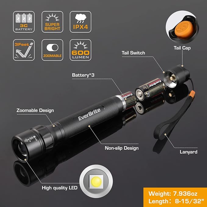 EverBrite Ultra Bright Tactical Flashlight, 600 Lumen Zoomable Adjustable Focus, 4 Light Modes