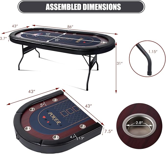 10 Player Foldable Poker Table, 86" Large Professional Folding Texas Holdem Poker Card Table