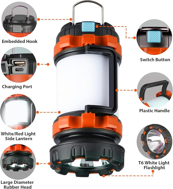 2 Pack Camping Lantern, Outdoor LED Camping Light, Rechargeable Flashlights with 1000LM, 6 Modes