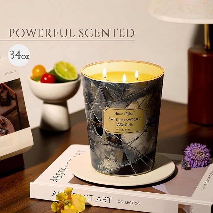 HomeLights Soy Wax Candles for Home Scented, 3-Wick Candles in Sandalwood Jasmine Scented