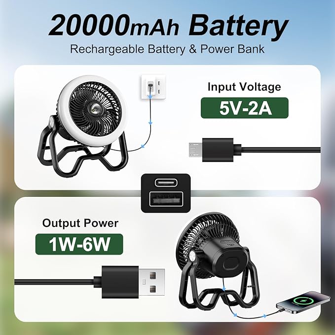 Portable Rechargeable Camping Fan with LED Lantern-40Hrs, Battery Operated Oscillating Fan with