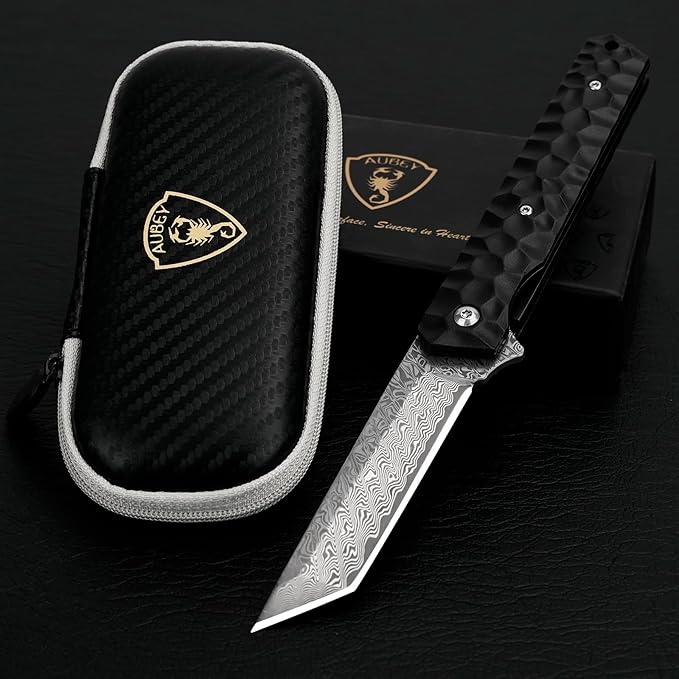 AUBEY Damascus Pocket Knife, Tanto VG10 Core Damascus Steel Folding Knives with Ball Bearing
