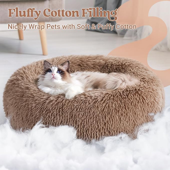 rabbitgoo Cat Beds for Indoor, 20 inches Machine Washable, Fluffy Round Pet Bed Non-Slip, Calming