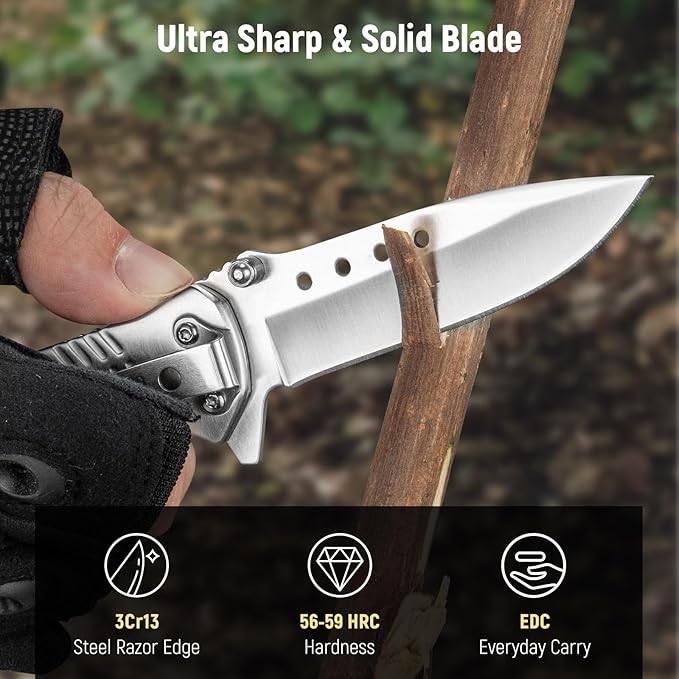 Pocket Knife for Men - 2.98" Sharp Blade Wood Handle Pocket Folding Knives with Clip, Glass Breaker