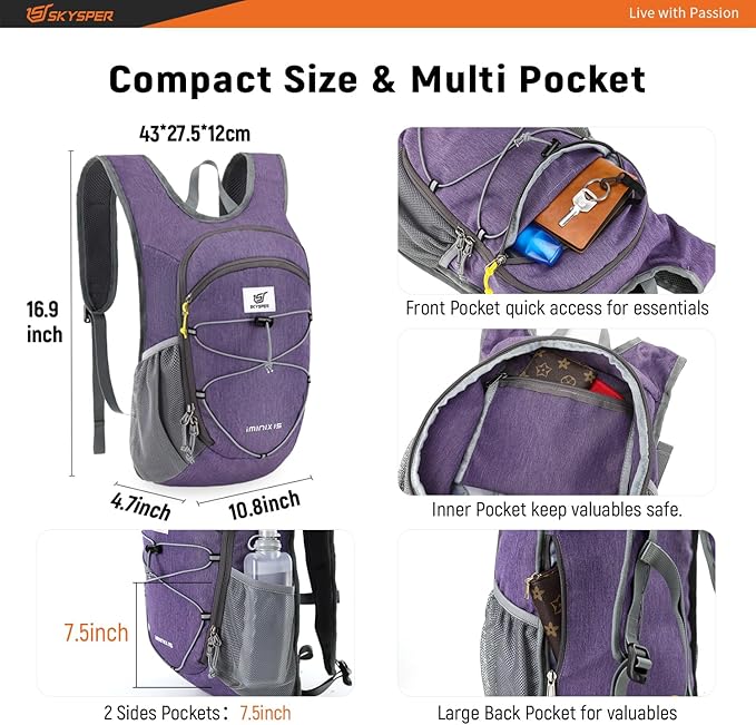SKYSPER 15L/20L Foldable Hiking Backpack Lightweight Packable Travel Daypack with Chest Strap Small